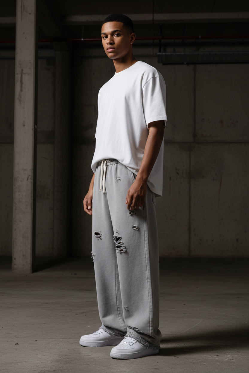 Grey Destroyed Sweatpants — Side
