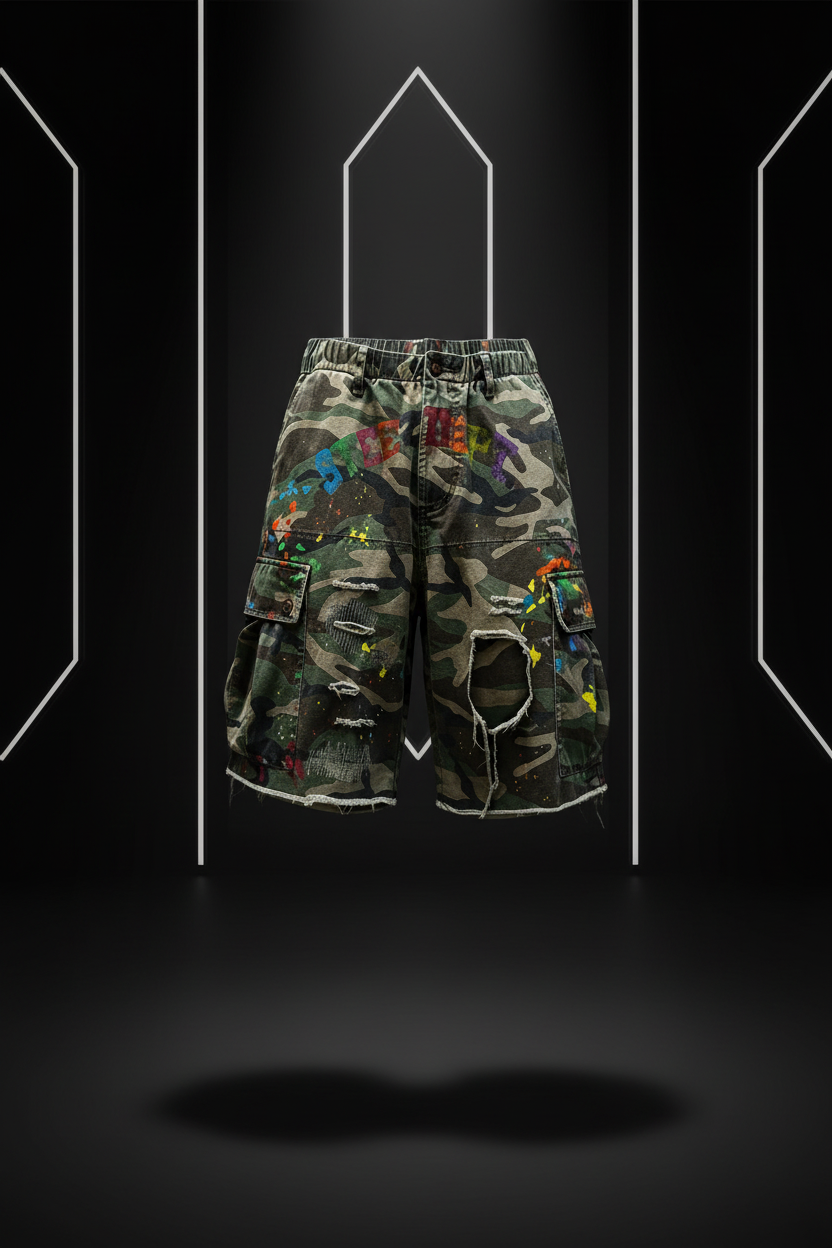 Misfit Graffiti Camo Cargo Shorts Mockup 1