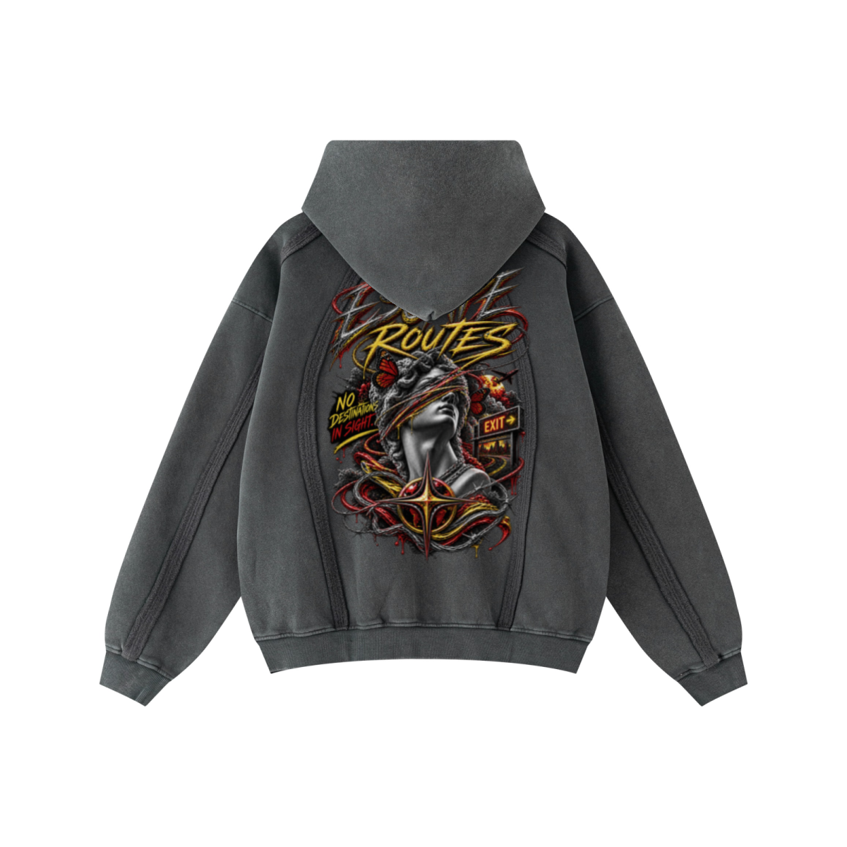 360GSM Men’s Structured Panel Raw-Edge Fleece-Lined Distressed Snow-Wash Zip-Up Hoodie Dark Grey