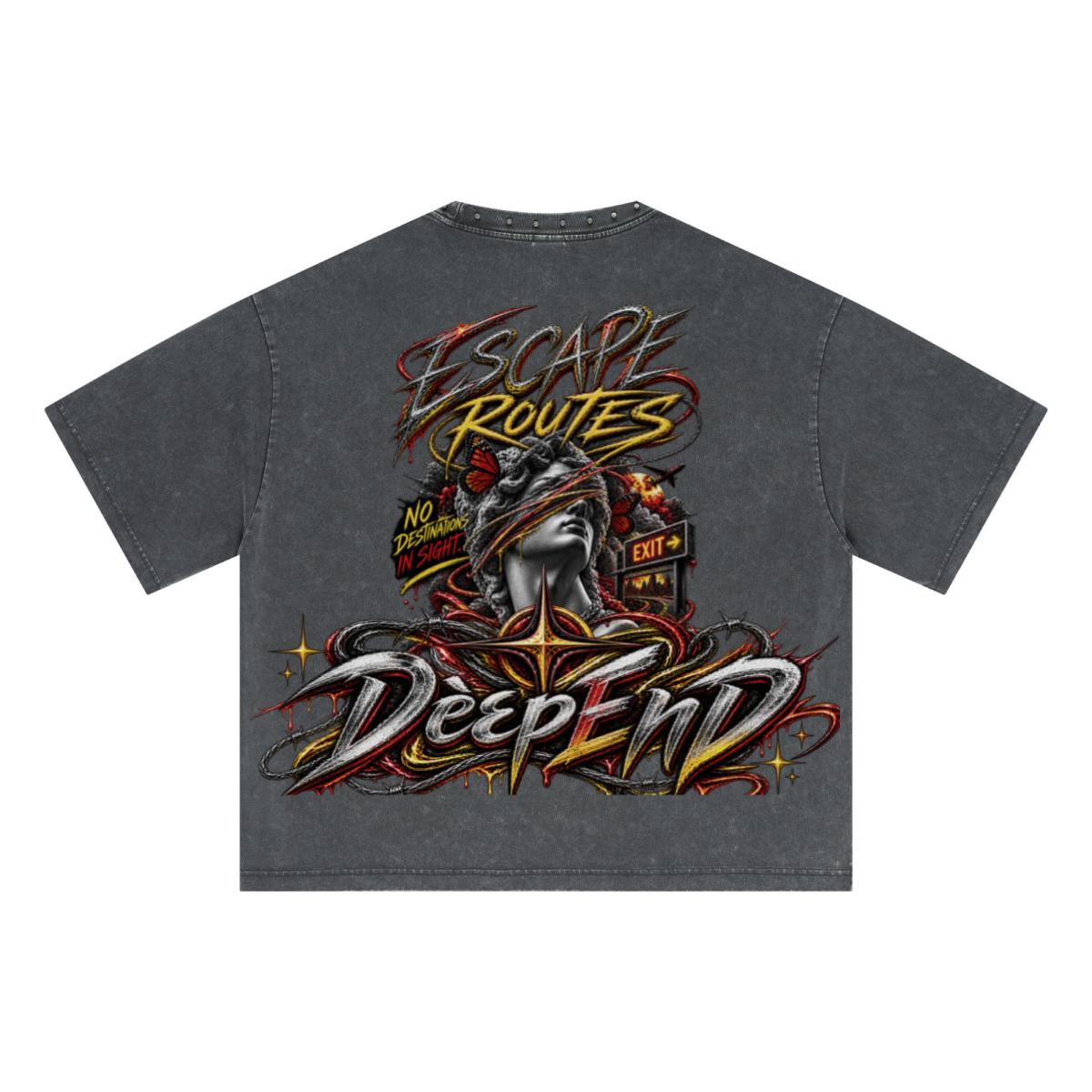 310GSM Men’s Boxy-Fit Distressed Fried-Color Snow-Wash Studded Loose T-shirt Vintage dark gray