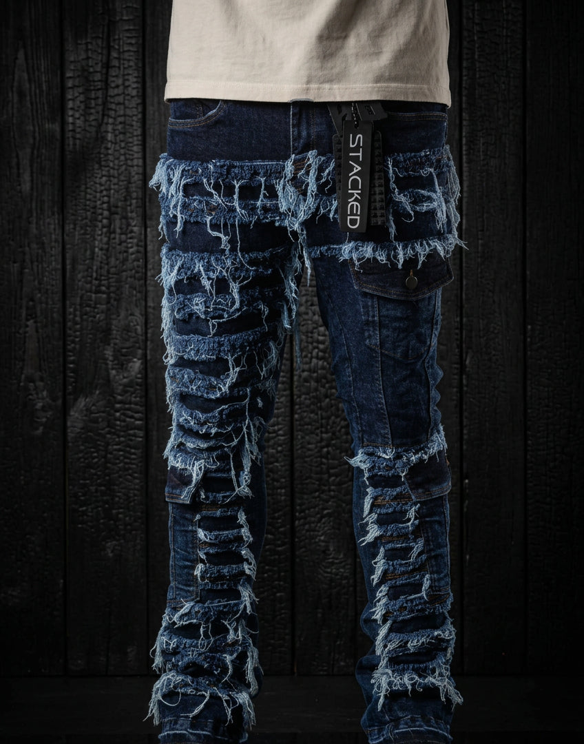 Cargo Pocket Distressed Stacked Flare Jeans