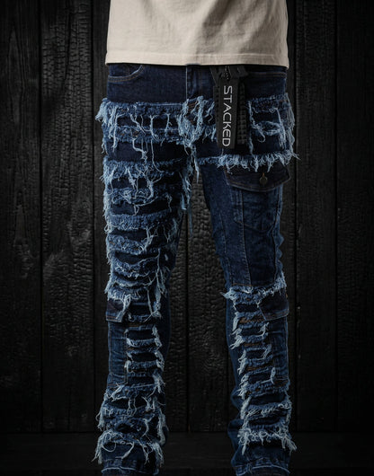 Cargo Pocket Distressed Stacked Flare Jeans