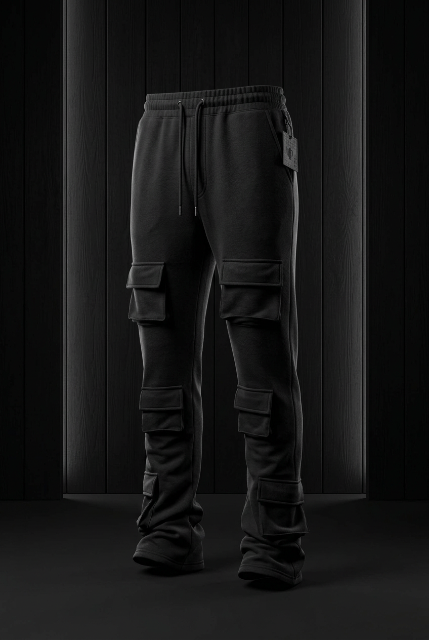 3D jogger mockup in a black studio with black wooden panels