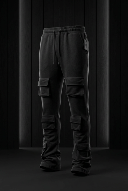 3D jogger mockup in a black studio with black wooden panels