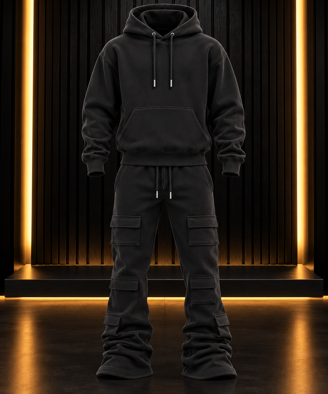 6 Pocket Black Stacked Flare Sweatsuit
