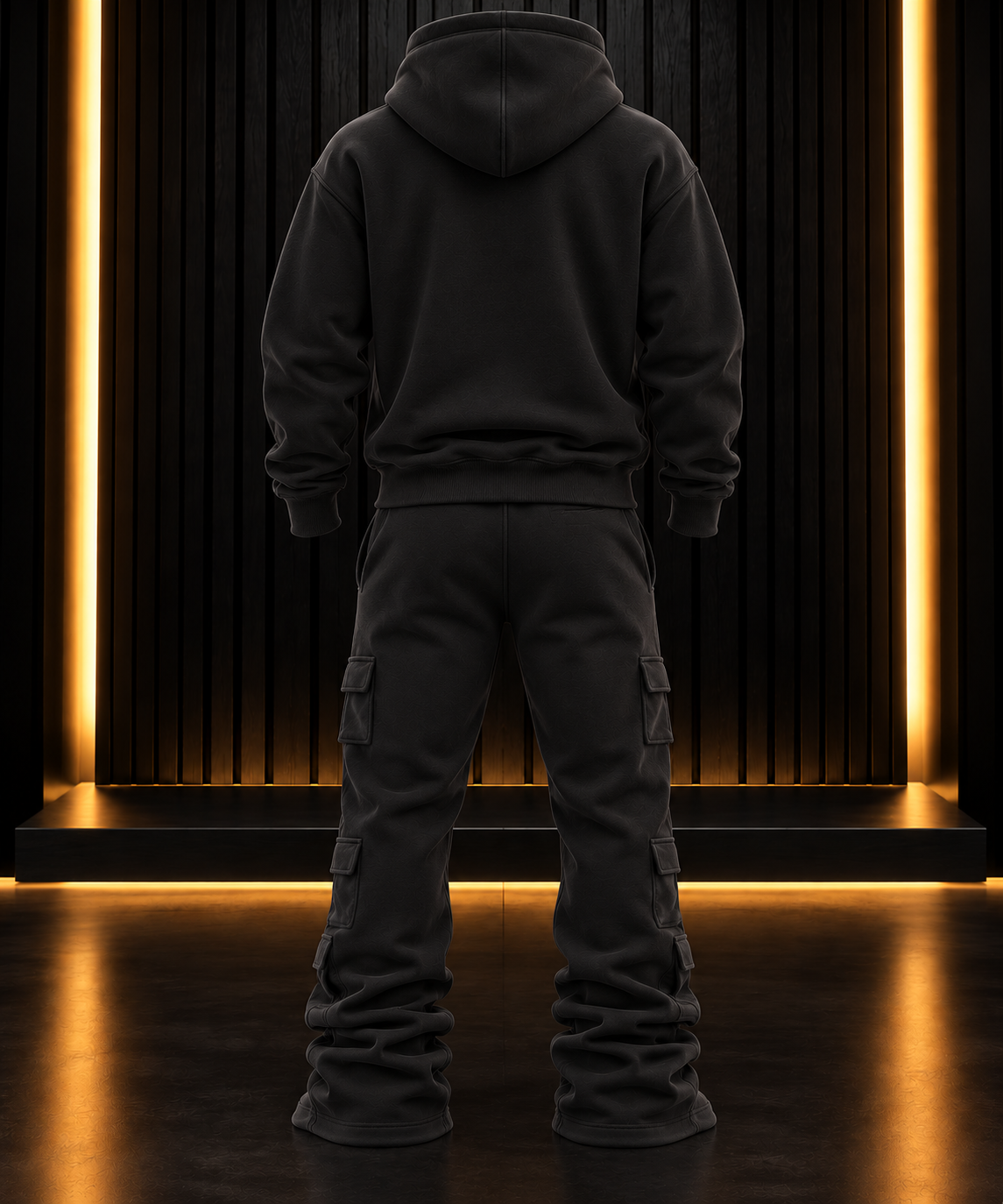 6 Pocket Black Stacked Flare Sweatsuit