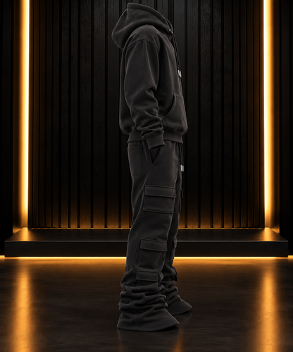 6 Pocket Black Stacked Flare Sweatsuit