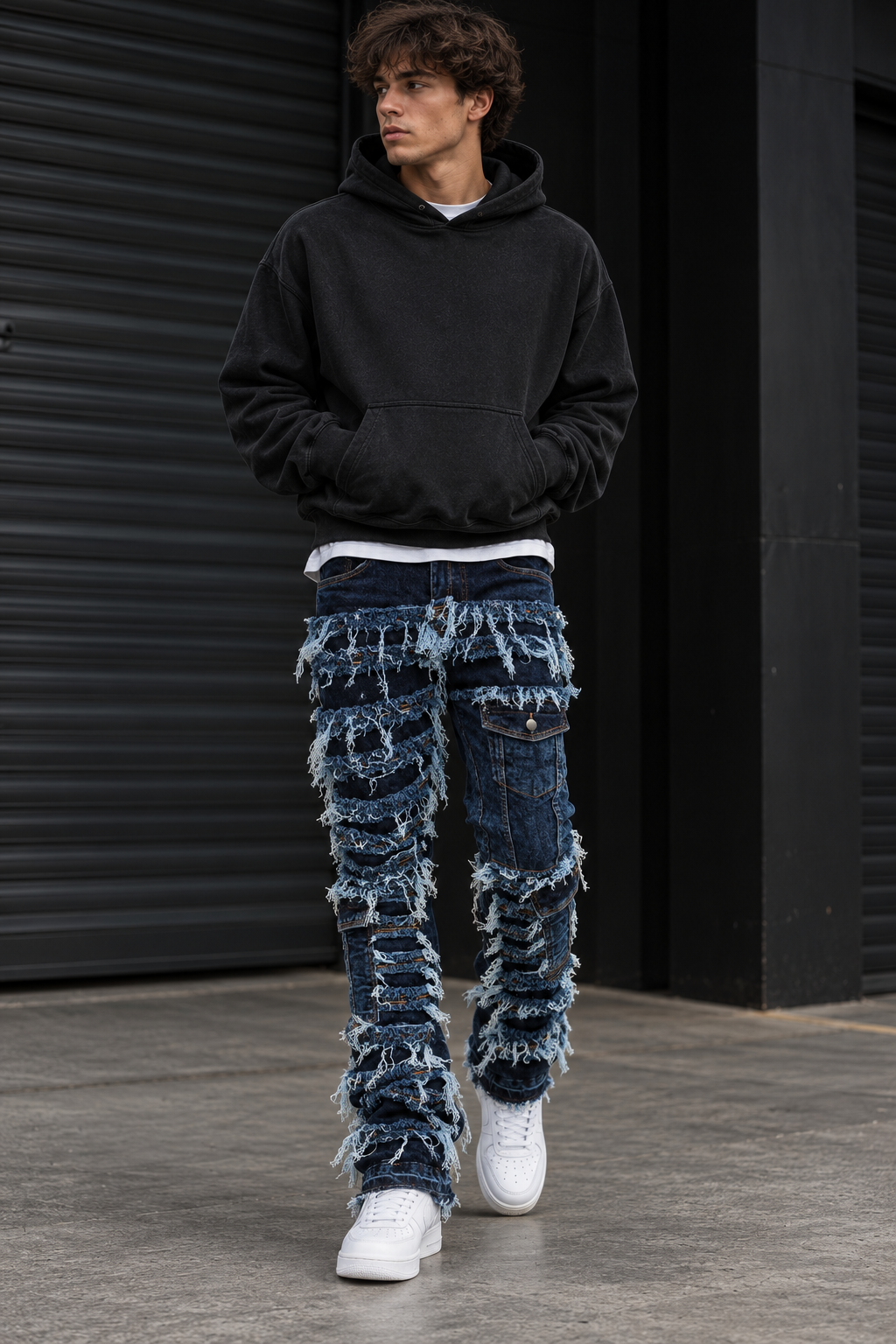 Cargo Pocket Distressed Stacked Flare Jeans
