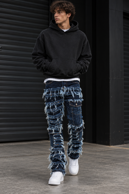 Cargo Pocket Distressed Stacked Flare Jeans