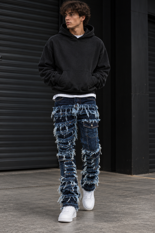 Cargo Pocket Distressed Stacked Flare Jeans