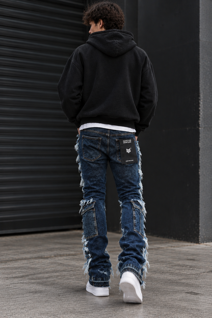 Cargo Pocket Distressed Stacked Flare Jeans
