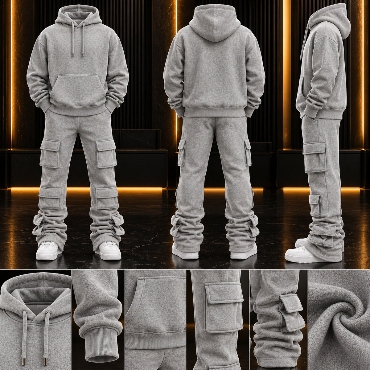 Gray 6 Pocket Stack Flare Sweatsuit