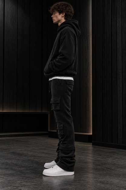 Black 6 Pocket Stacked Flare Sweats