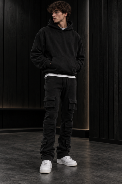 Black 6 Pocket Stacked Flare Sweats