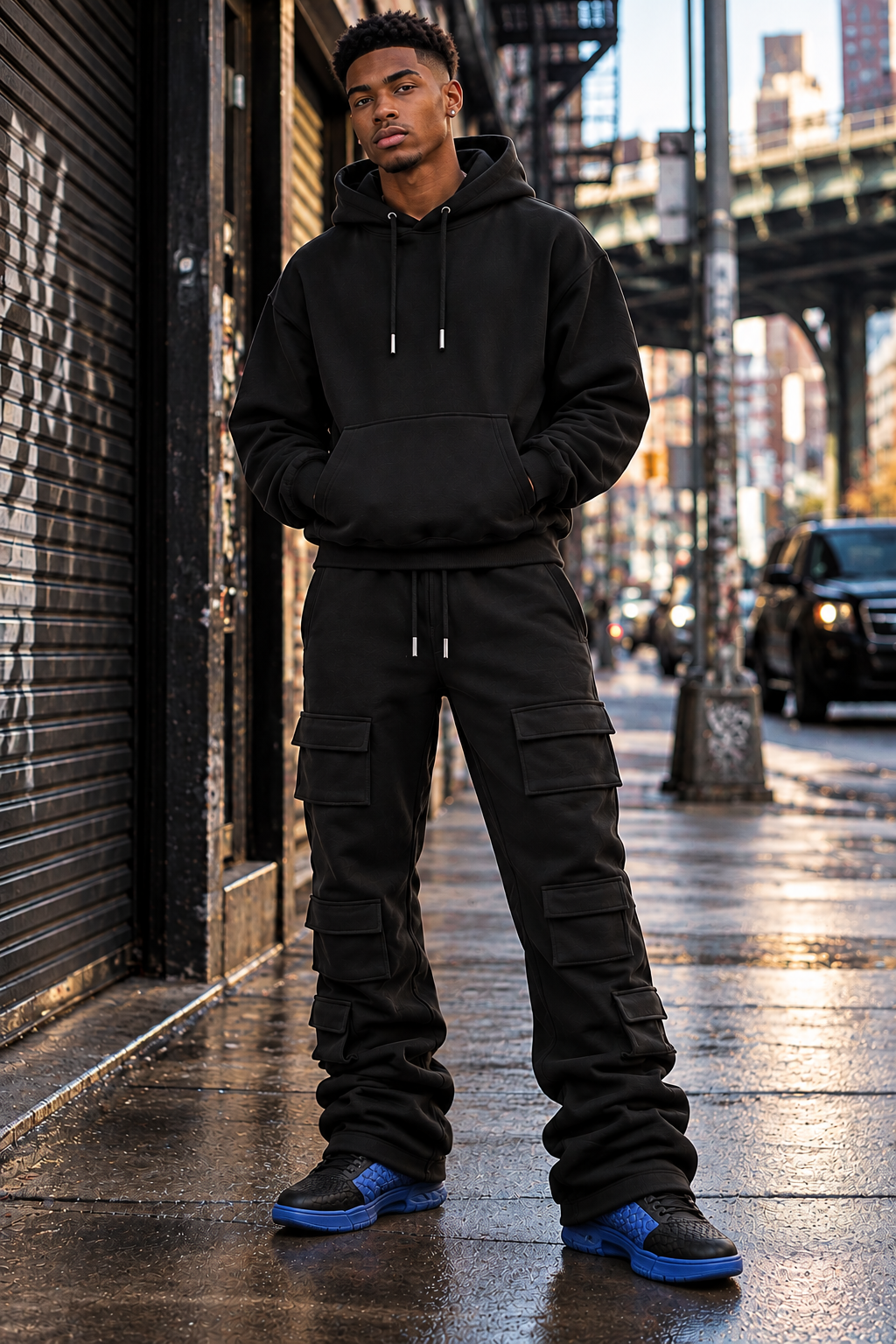 6 Pocket Black Stacked Flare Sweatsuit