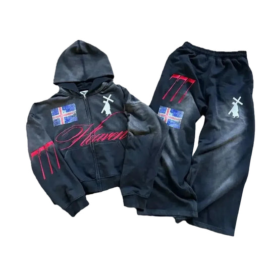"Heaven" Graphic Two-Piece Set – Zip Hoodie & Wide-Leg Pants