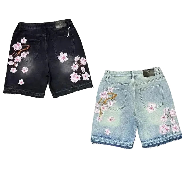 Cherry Blossom Embroidered Denim Shorts