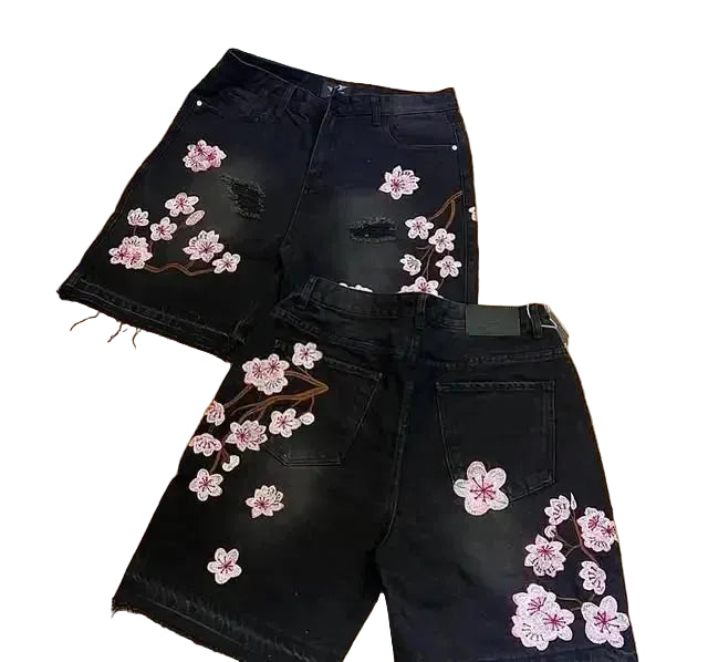 Cherry Blossom Embroidered Denim Shorts