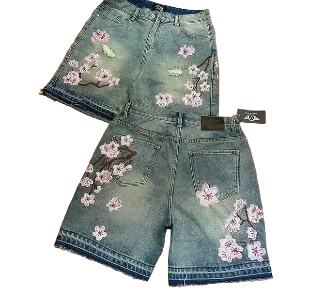 Cherry Blossom Embroidered Denim Shorts