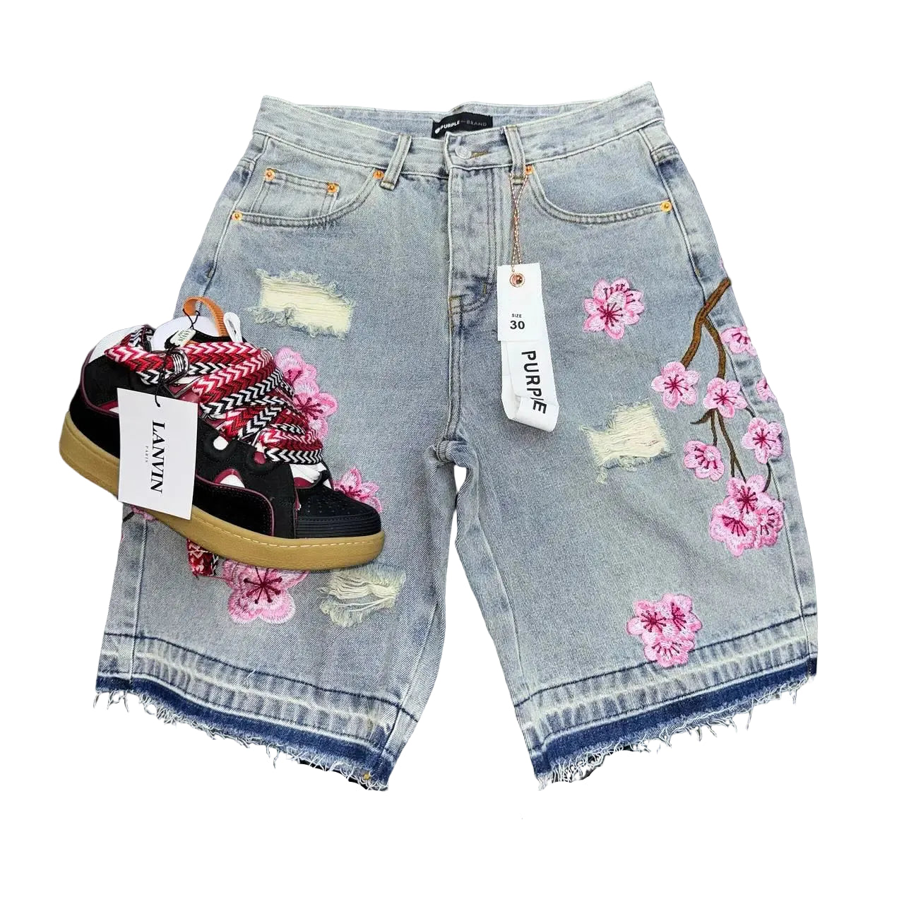 Cherry Blossom Embroidered Denim Shorts