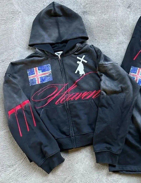"Heaven" Graphic Two-Piece Set – Zip Hoodie & Wide-Leg Pants
