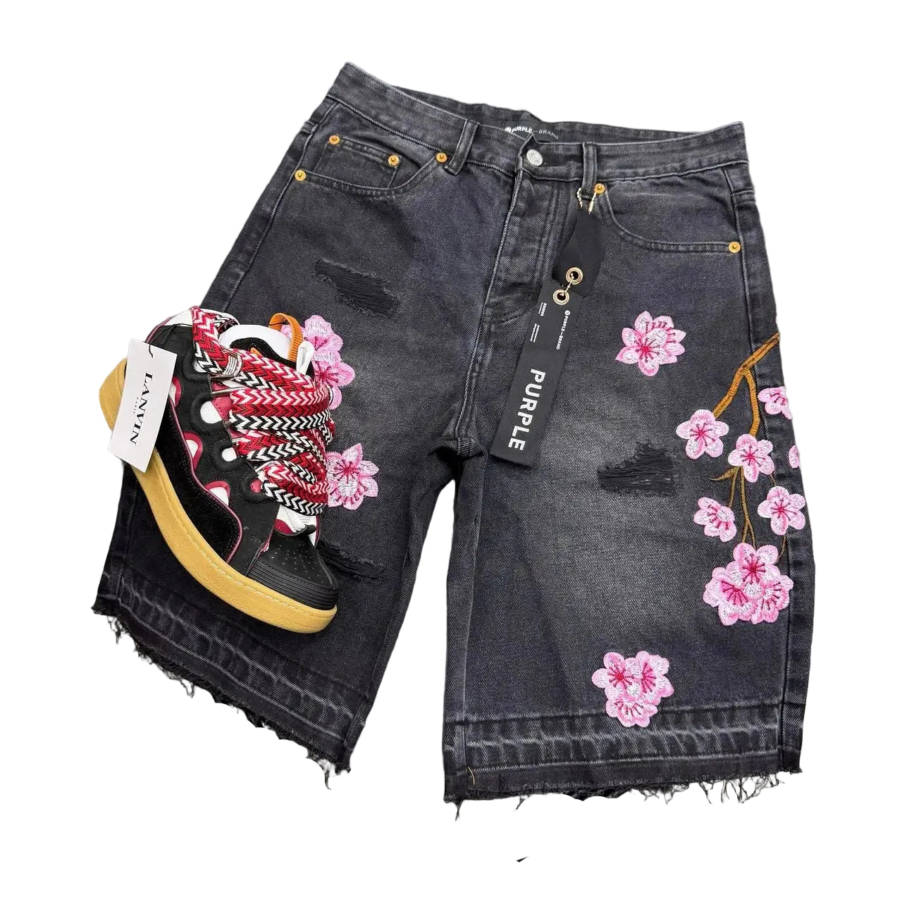Cherry Blossom Embroidered Denim Shorts