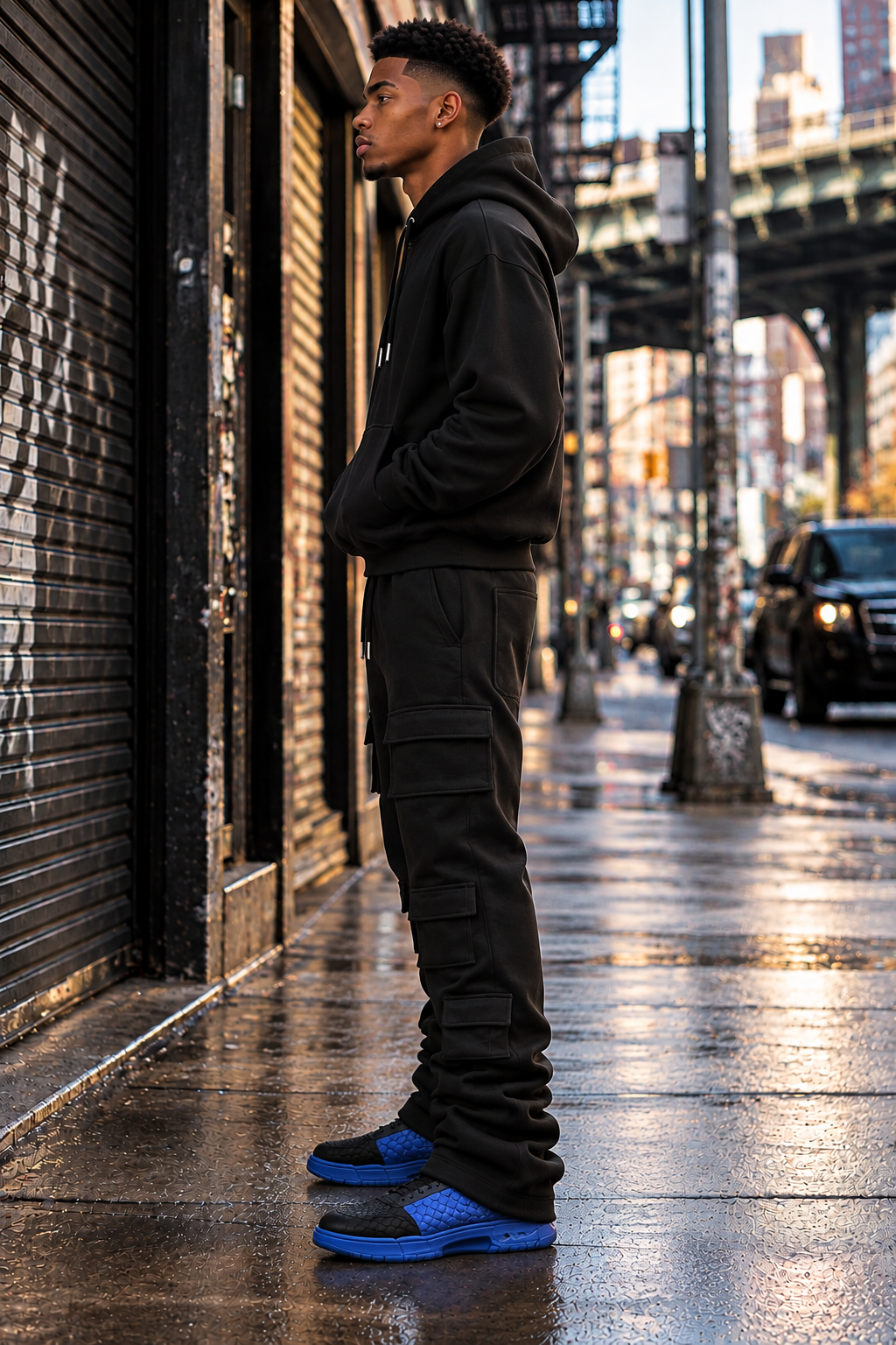 6 Pocket Black Stacked Flare Sweatsuit