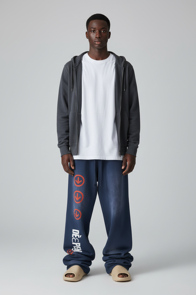 African American model in navy DèɛpEŋD sweatpants with Yeezy slides