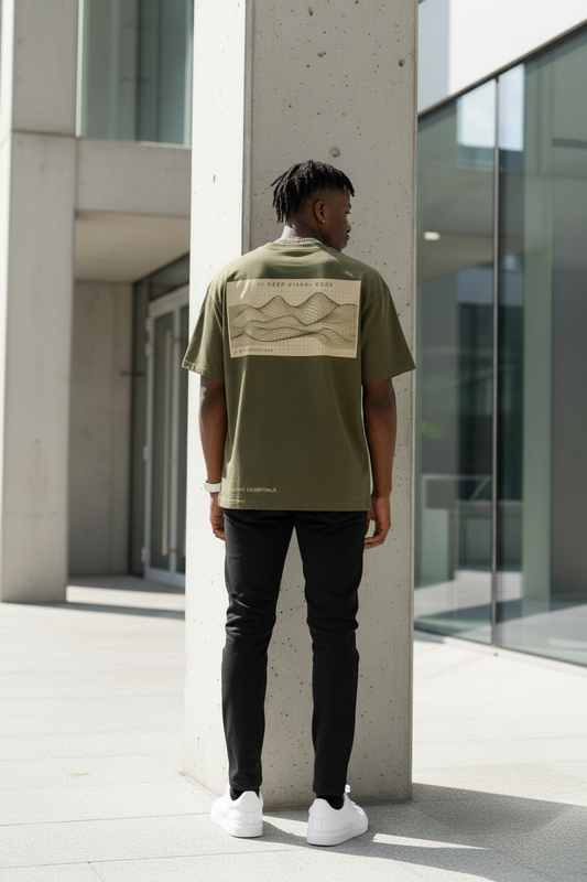 Back view of Black male model wearing olive green DeepEnd t-shirt