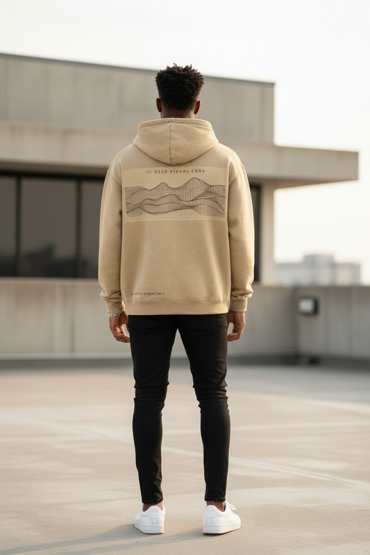 Back view of Black male model wearing tan DeepEnd hoodie