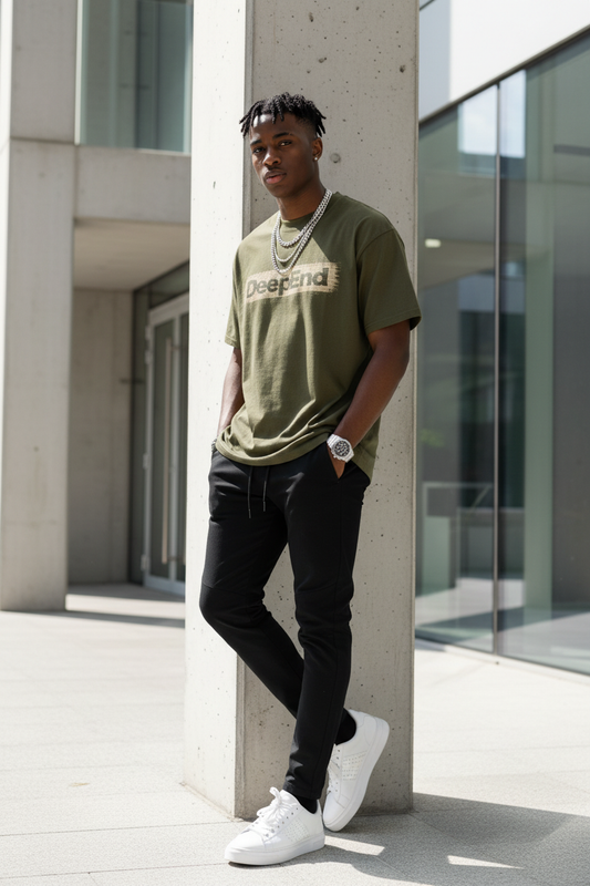 Black male model in different pose wearing olive green DeepEnd t-shirt