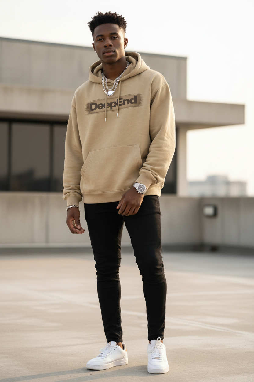 Black male model wearing tan DeepEnd hoodie