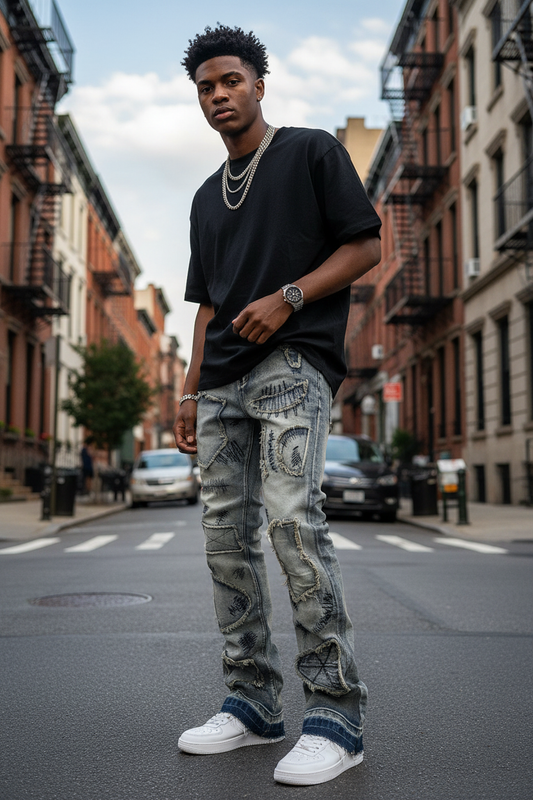 Black model in new urban setting wearing distressed gray stacked flare jeans