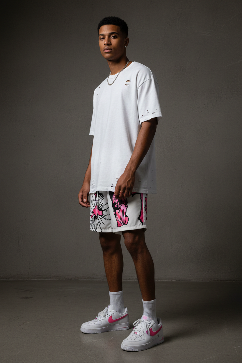 Distressed White Tee Look - DèɛpEŋD Luxe Shorts