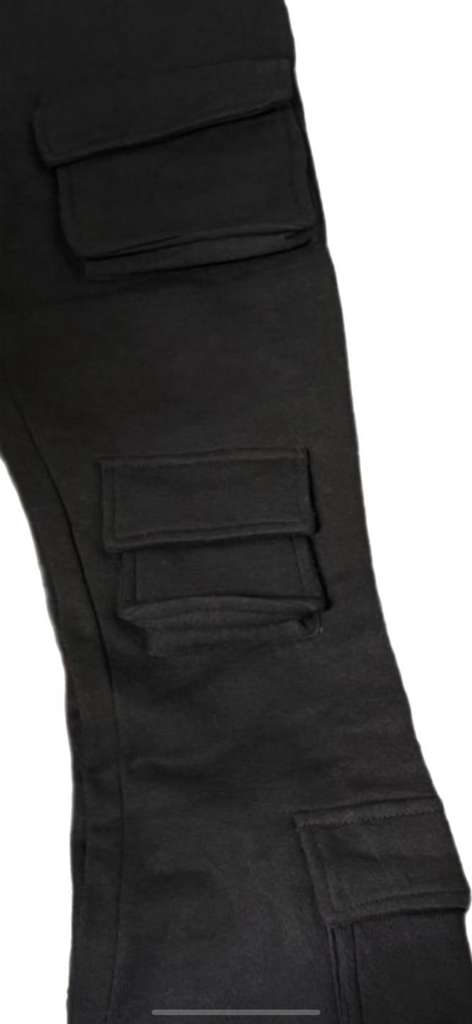 6 Pocket Black Stacked Flare Sweatsuit