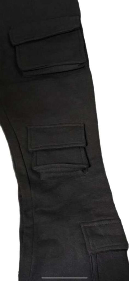 6 Pocket Black Stacked Flare Sweatsuit