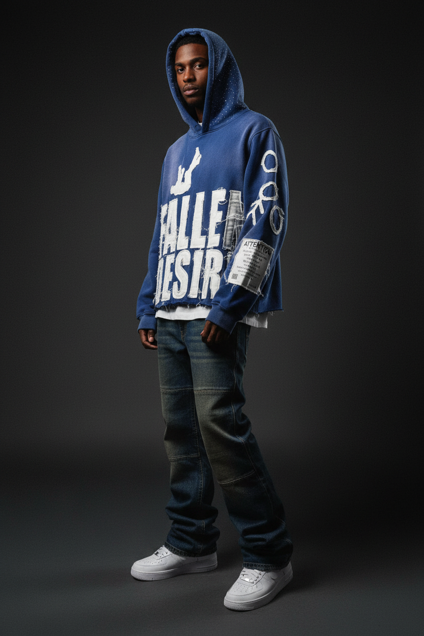 Fallen Desire Hoodie – Blue, Stacked Flares + AF1s