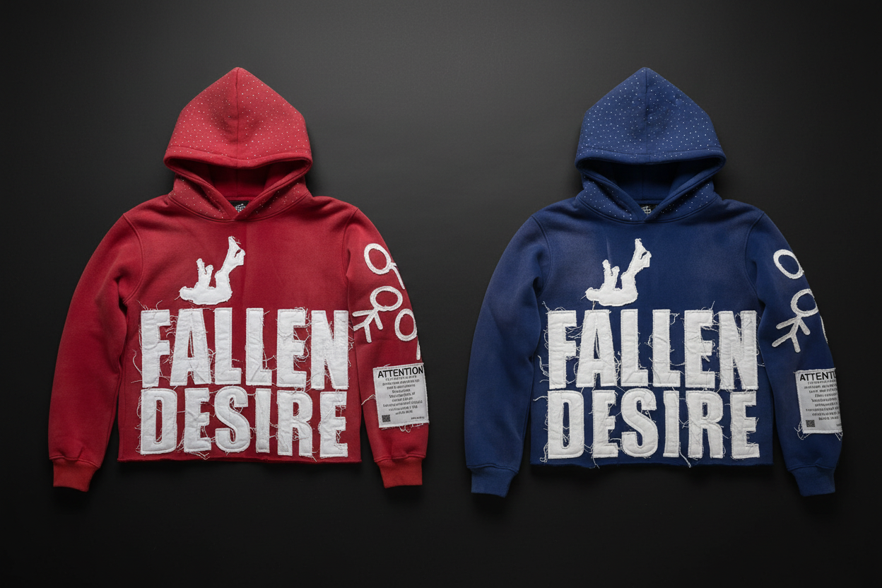Fallen Desire Hoodie – Red & Blue Flat Lay