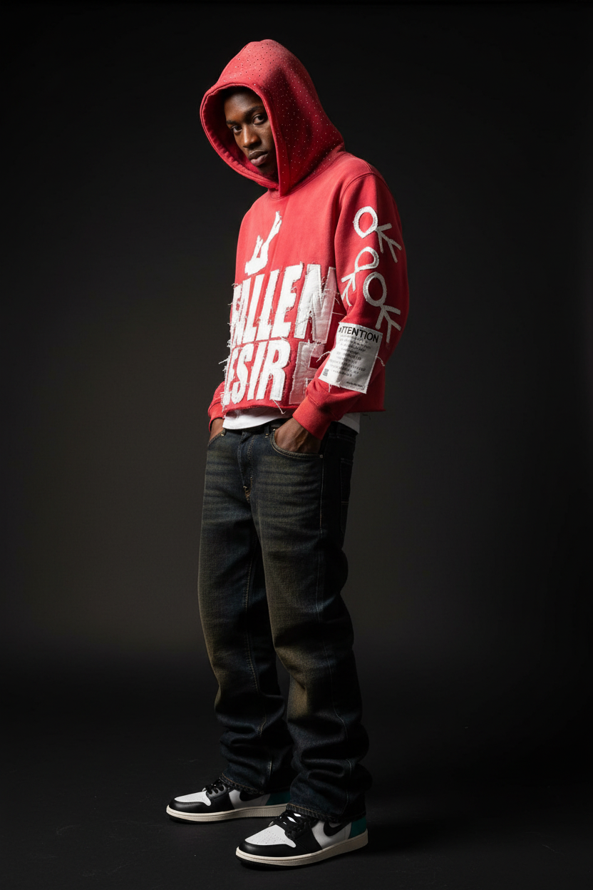 Fallen Desire Hoodie – Red, Stacked Flares + Jordan 1s