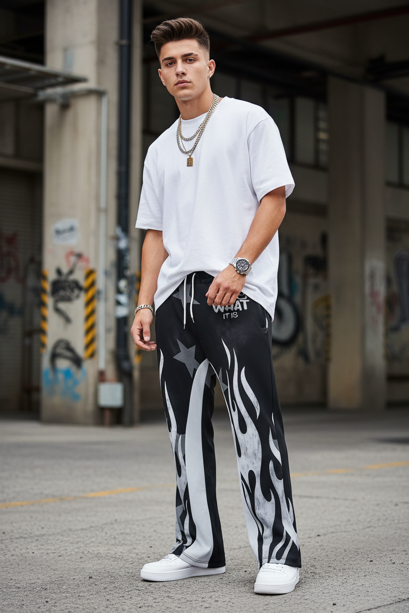 Full body model wearing black flame print pants