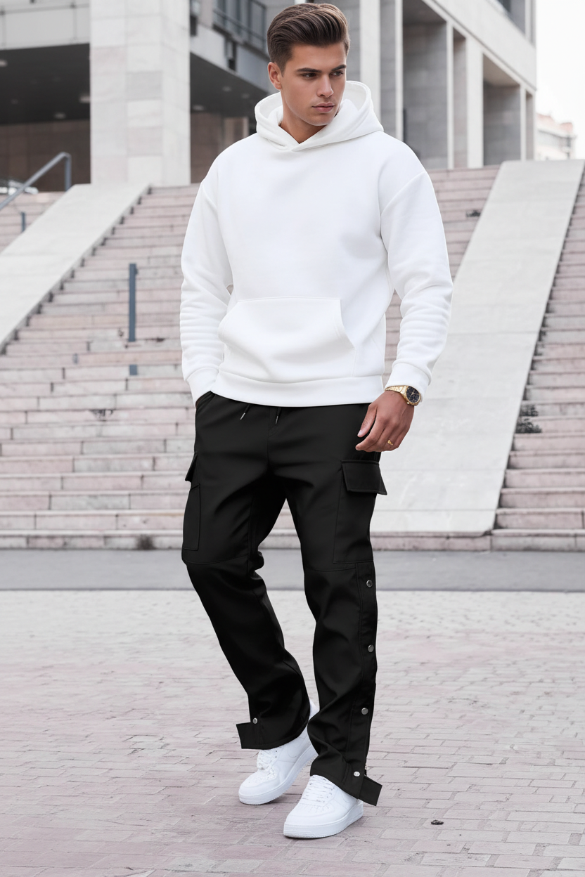 Full body shot of model in black cargo pants - regenerated