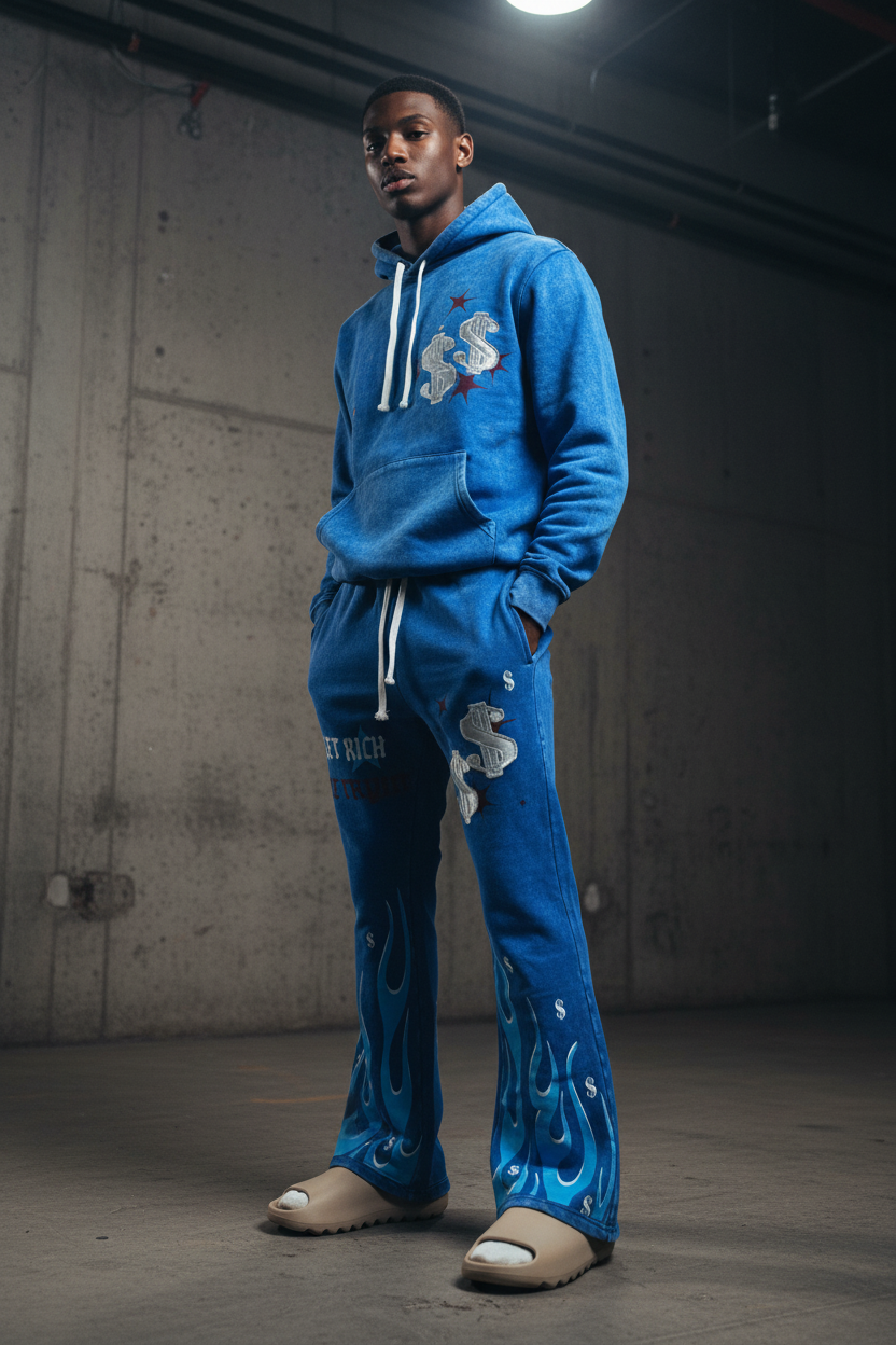 Get Rich Die Tryin – Blue Flame Joggers Model Shot