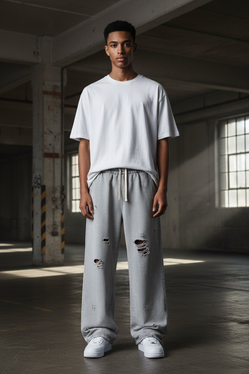Grey Destroyed Sweatpants — Front