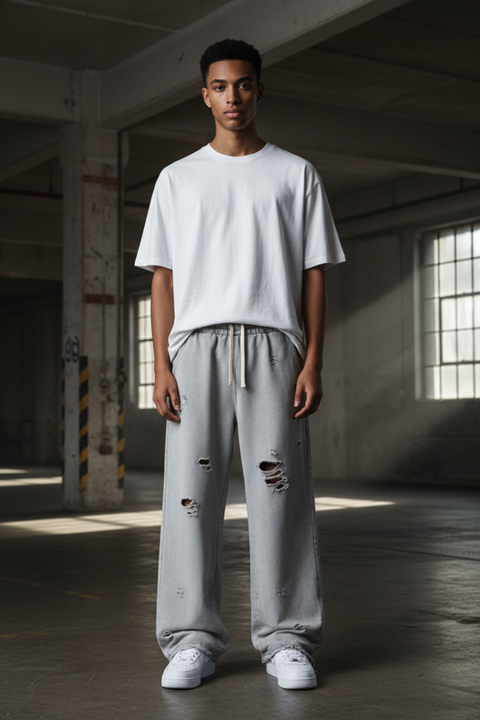 Grey Destroyed Sweatpants — Front
