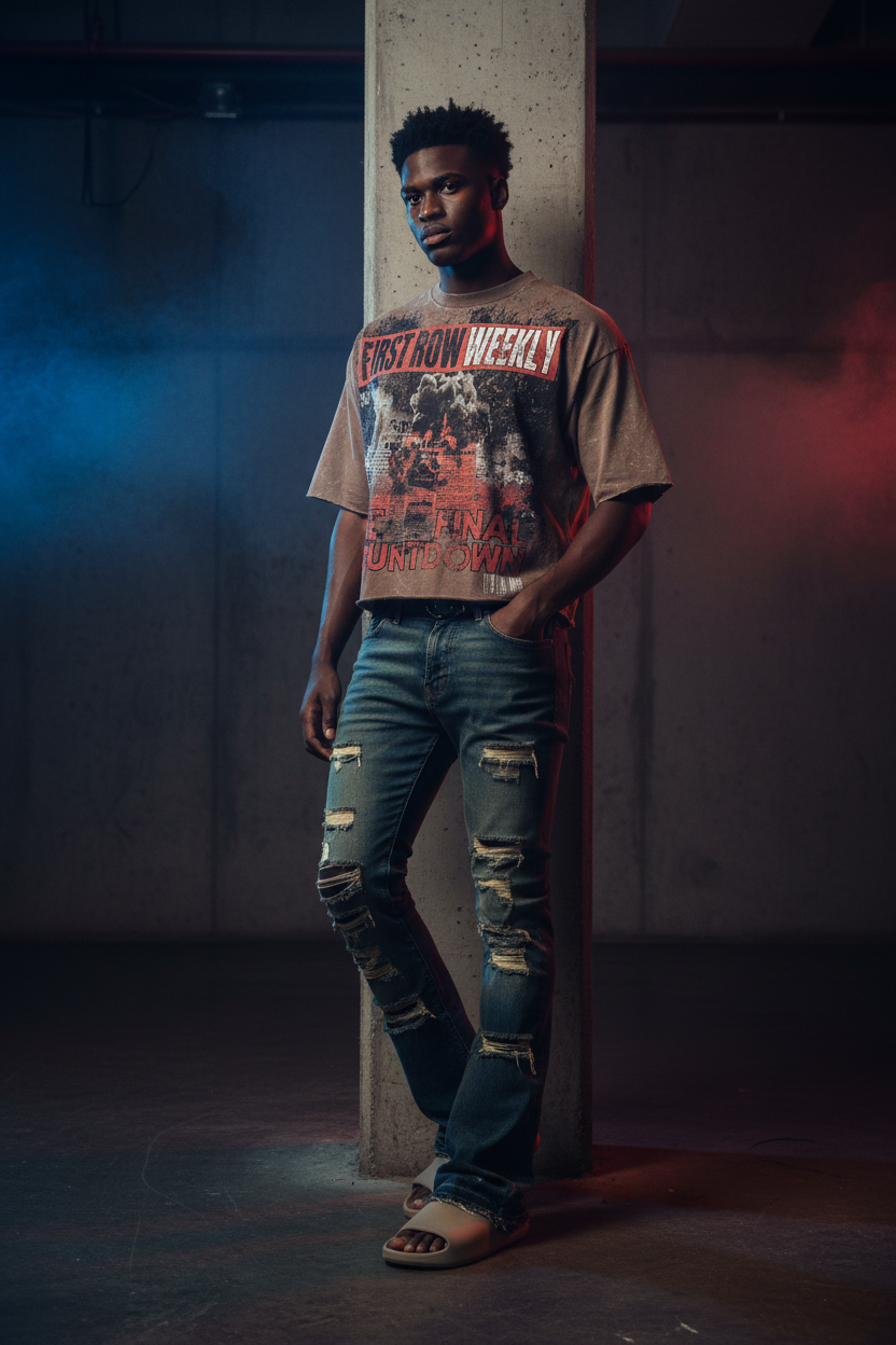 Model wearing First Row Countdown Cropped Tee in Caffe