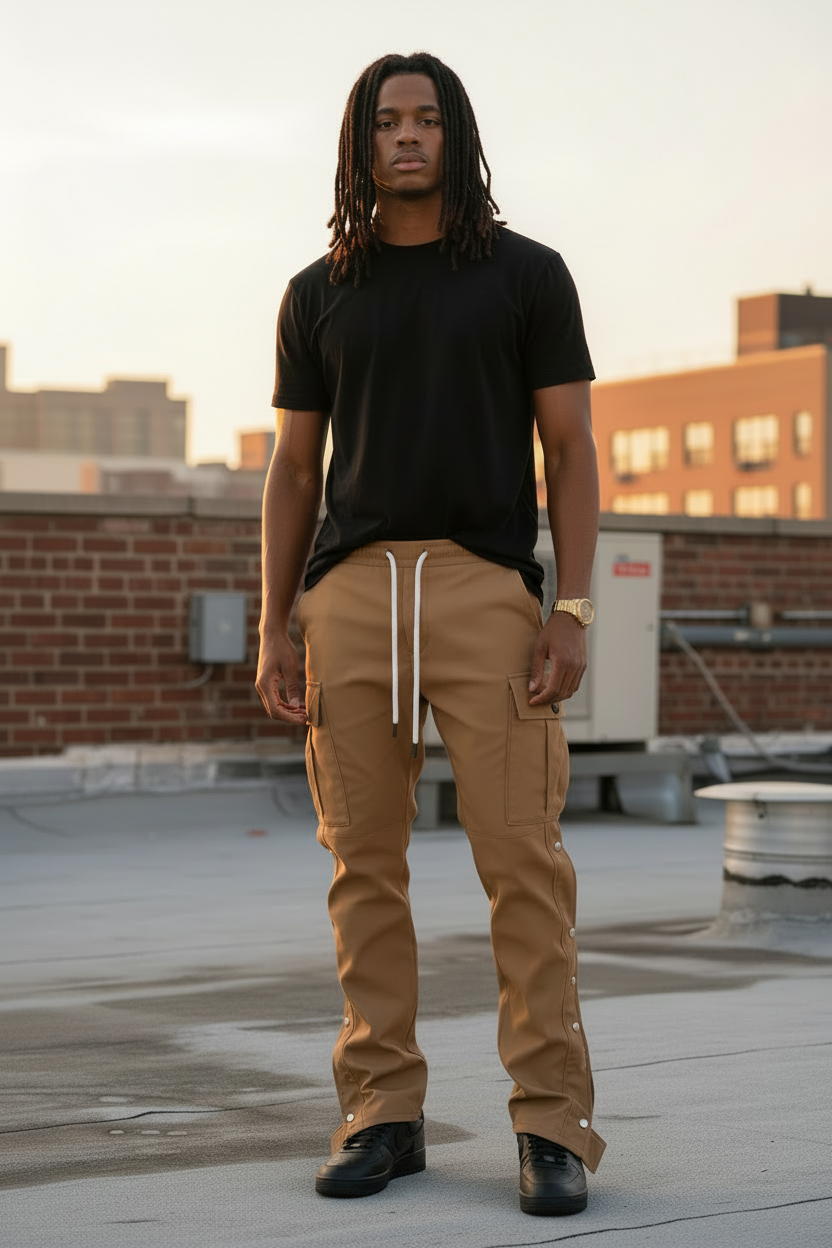 Khaki Cargo Pants - Drawstring Waist