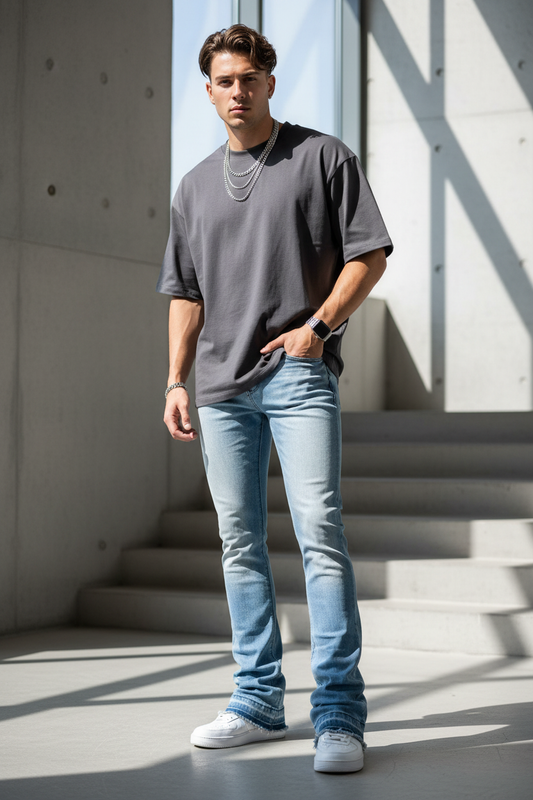 Male model wearing light blue gradient stacked flare jeans