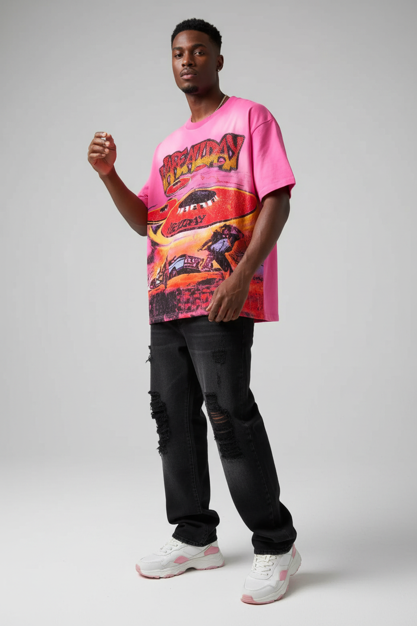 Male model wearing oversized boxy t-shirt