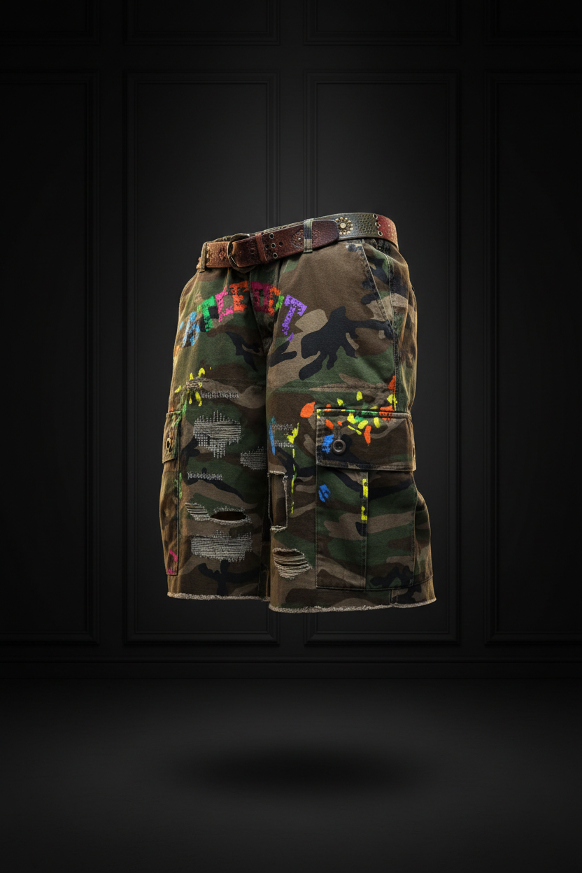 Misfit Graffiti Camo Cargo Shorts Mockup 2