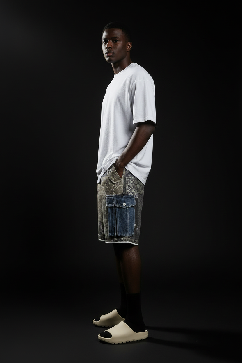 Mixed Design Blocked Quarter Shorts – Model Side Shot